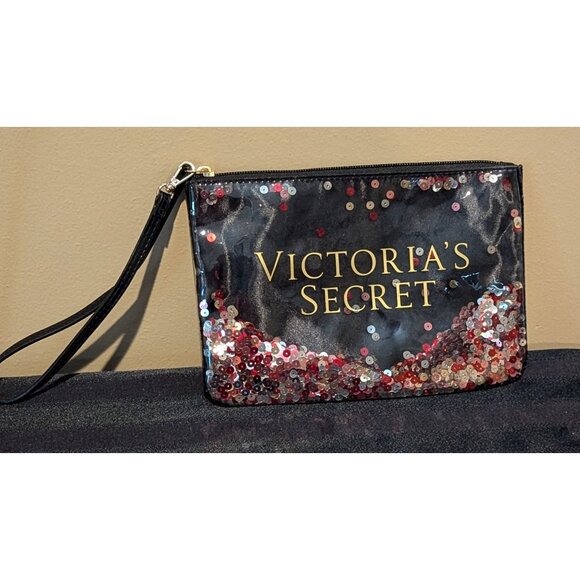 Victoria's Secret Sequined Wristlet Clutch Makeup Bag Floating Sequin's - Picture 1 of 2